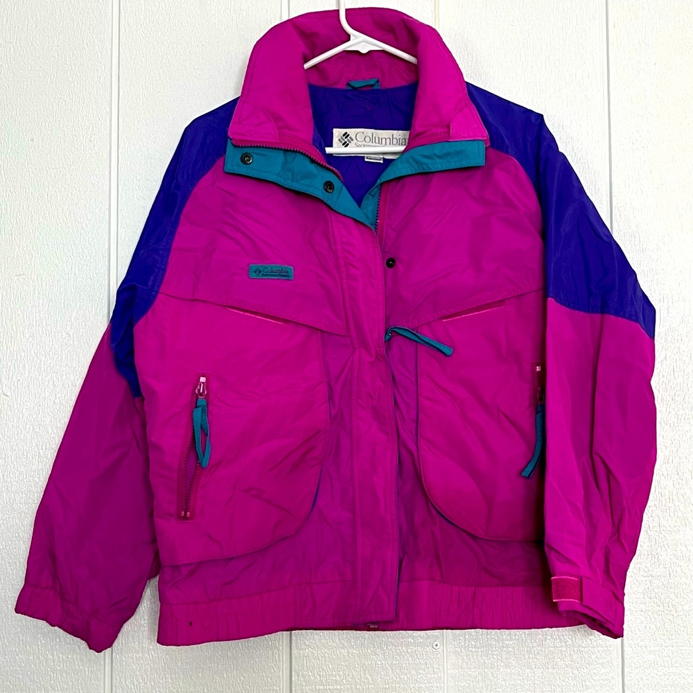 Vintage Women's 90s Columbia Powder Keg Ski Coat Bright Pink Purple Teal Small